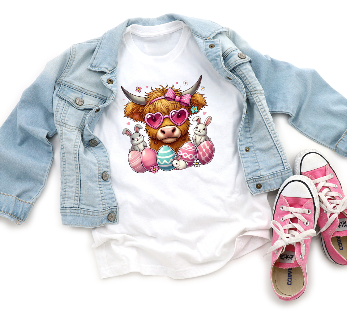 AvaryMaeInspirations - Wholesale Screen Printed T-Shirt - Kids - Highland Heifer Easter Cow and Eggs Girls Tee Shirt2