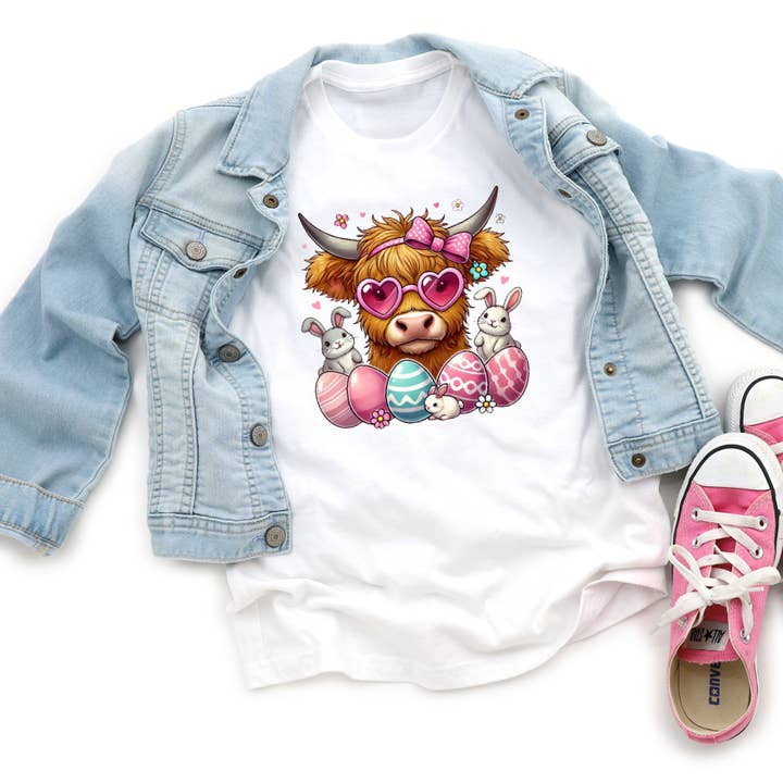 AvaryMaeInspirations - Wholesale Screen Printed T-Shirt - Kids - Highland Heifer Easter Cow and Eggs Girls Tee Shirt2