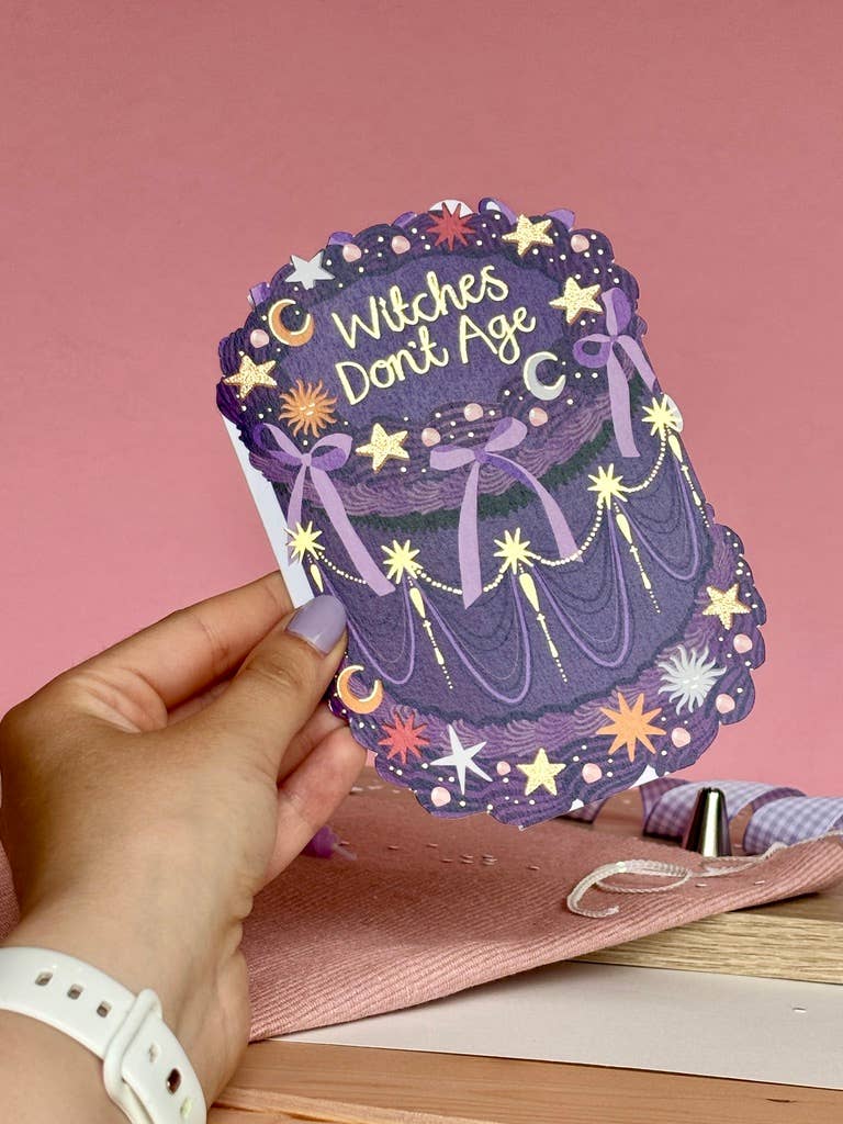 Two For Joy Illustration – wholesale Birthday card – Witches Don't Age - Birthday Cake Shaped Greeting Card2