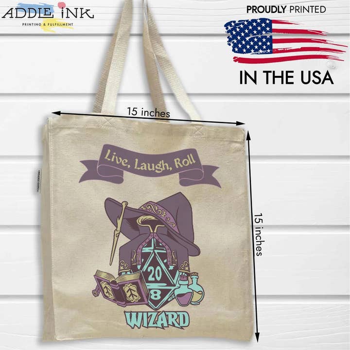 Bolsa de mano orgánica con fuelle completo Wizard D20 Fantasy RPG para venta al por mayor de ADDLE iNK