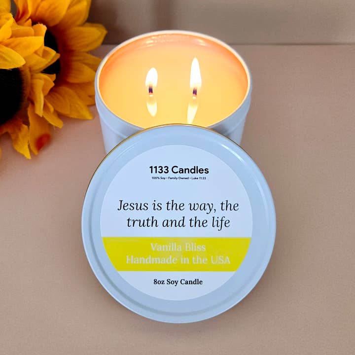1133 Candles - Wholesale Travel Candles - Christmas Gift | 8oz Vanilla Candle Tin | Jesus is the way