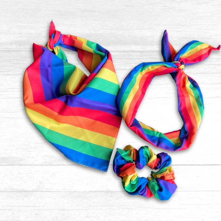Rainbow Striped Tie-on Bandana & Scrunchie or Headband for wholesale by Bibs, Bandanas, & Bows