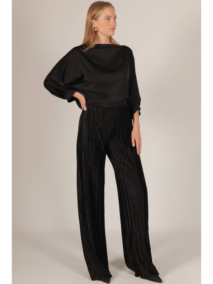 Before You Collection - Wholesale Pants - Women's - Pleated Velvet Wide Leg Pants