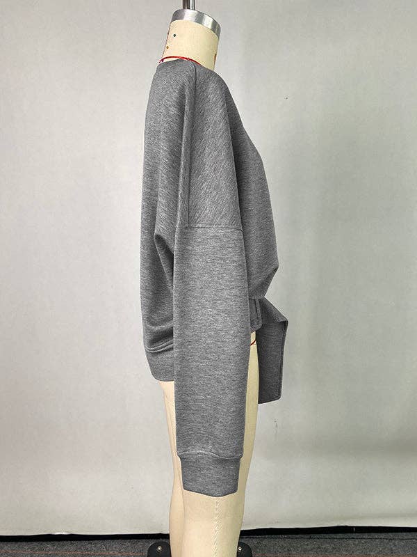 UZ Wholesale Store – Sweatshirt - Mulher por atacado – Camisola de Manga Comprida com Cinto Solto, Fivela, Cor Sólida e Gola Redonda9