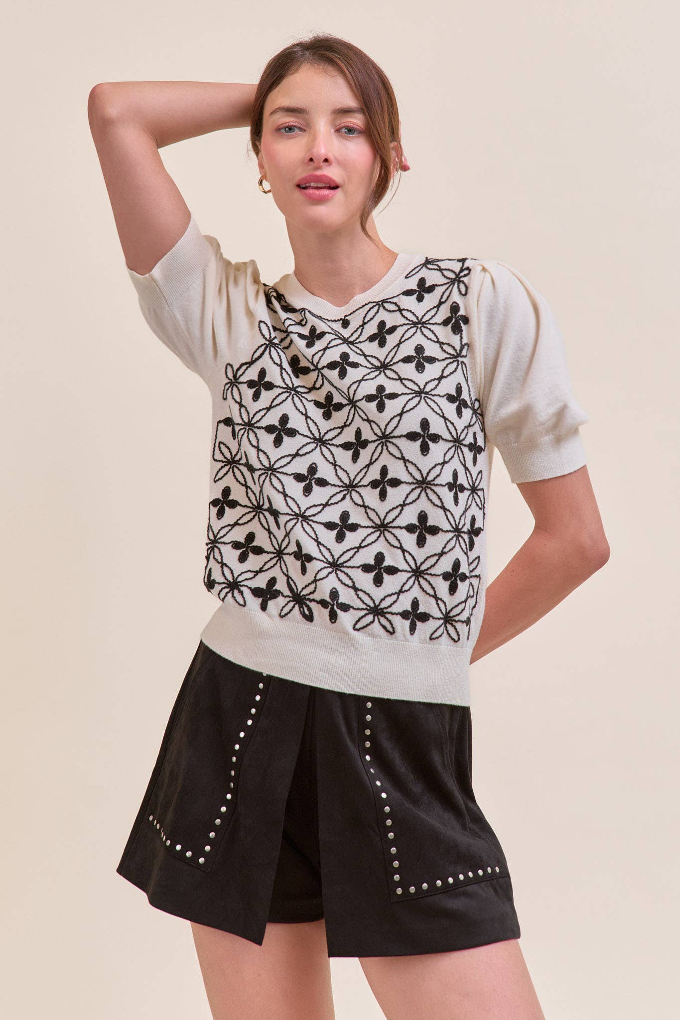 &MERCI - Wholesale Knit Sweater - Women's - SHORT PUFF SLEEVE EMBROIDERY FRONT SWEATER MSW1083213