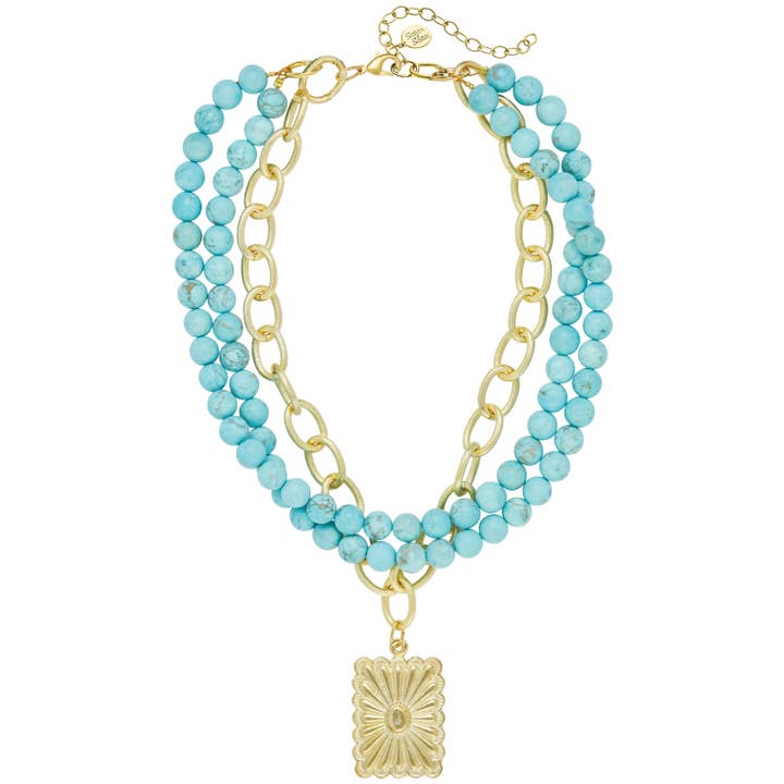 Susan Shaw - Wholesale Pendant/Charm Necklace - Gold Rectangle Concho + 3 Row Matte Turquoise Necklace