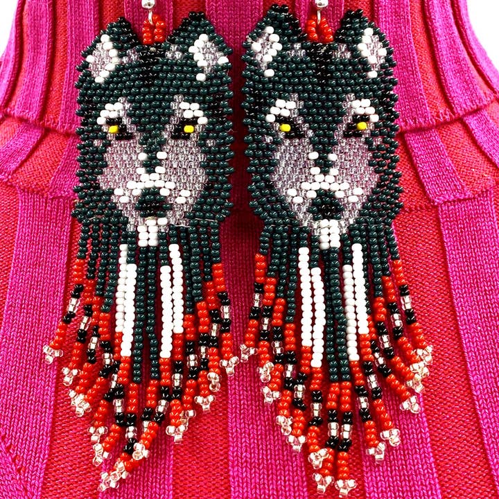 BEADS CORNER - Wholesale Dangle Earrings - Handmade Beaded Green Wolf Seed Bead Big Earrings