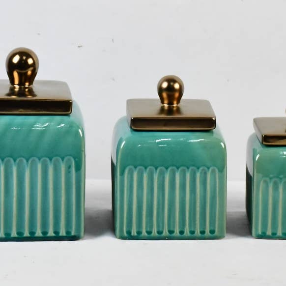Turquoise Blue Ribbed Canister Set with Bronze Lids for wholesale by Drew Derose Design