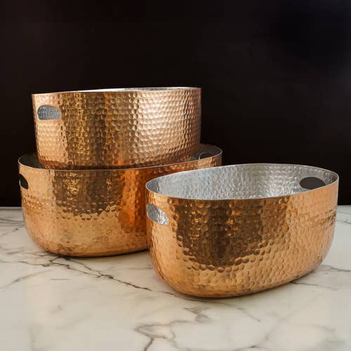 India Handicrafts Inc - Wholesale Decorative Plate/Dish/Bowl - Hammered Copper Beverage Tub Set of 3 pieces LG, MED, SML