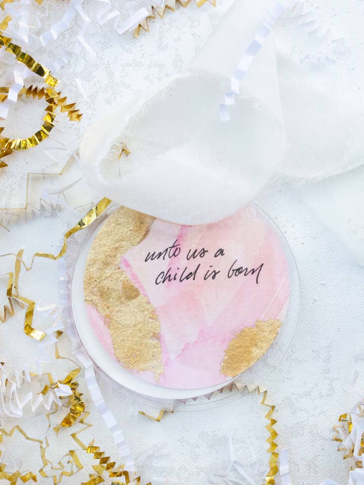 Christian Christmas Ornament - Pink Unto Us a Child is Born for wholesale by Mercy Creates