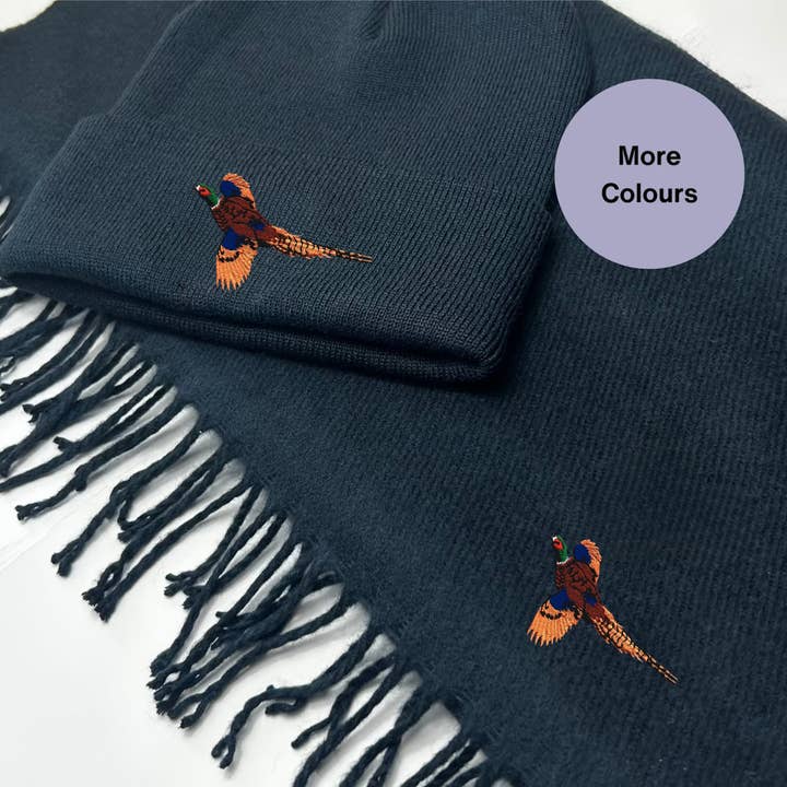 Pheasant Embroidered Scarf and Beanie hat set for wholesale by Thread and Needles Co