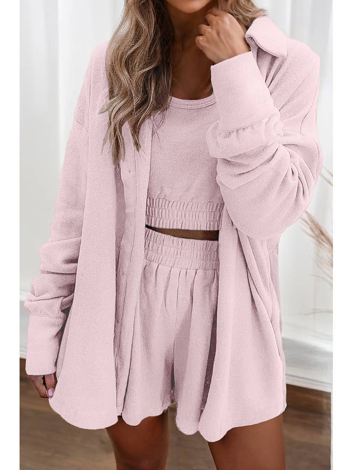 Little Daisy Closet - Wholesale Lounge Set - Women's - LDC 3 Pcs Crop Tank Top Shorts with Cardigan Lounge Set1