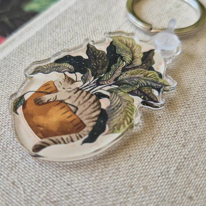 Tabby Cat Acrylic Keychain for Cat Lovers & Plant Parents for wholesale by Anna Cheng Design