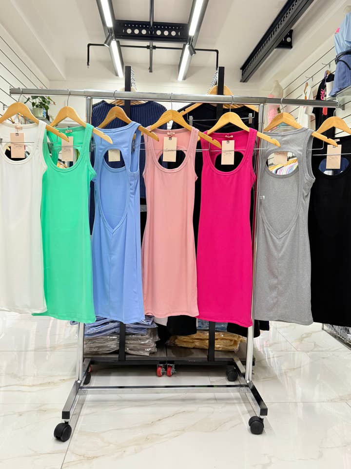 Ribbed stretchy tank dress with open back details  for wholesale by Chilli Girl Collection