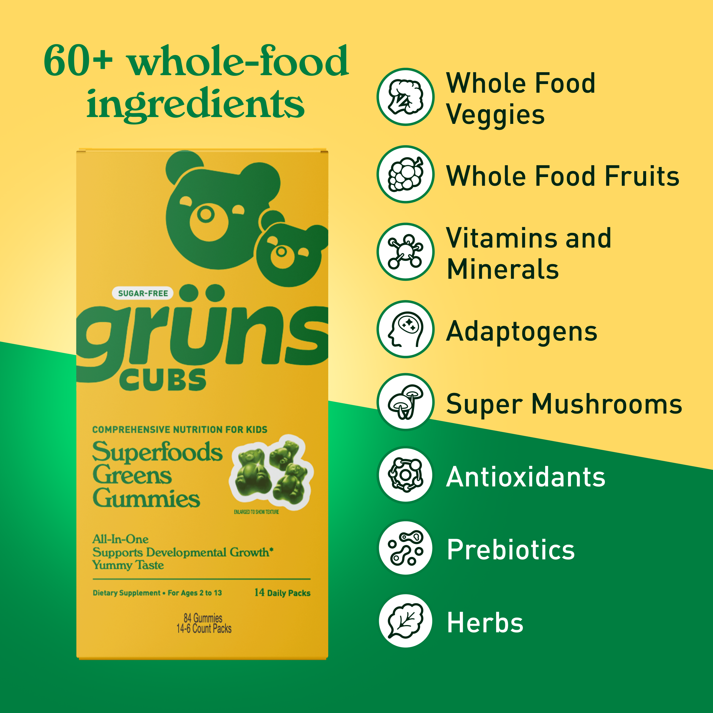 Grüns – Großhandel Nahrungsergänzungsmittel/Vitamin zum Einnehmen – Grüns Kids Zuckerfreie Superfood Greens Gummibärchen, 14 Portionen3