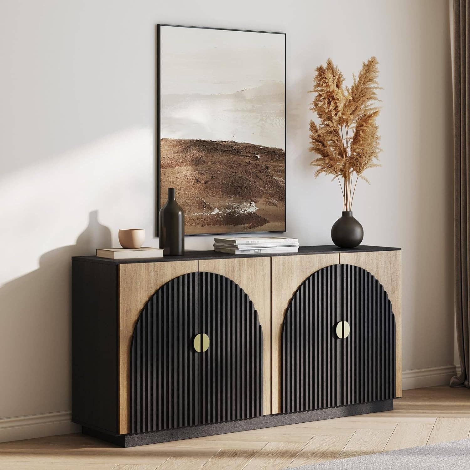 65 Inch Fluted Buffet Cabinet With Storage In Camel for wholesale on Faire2