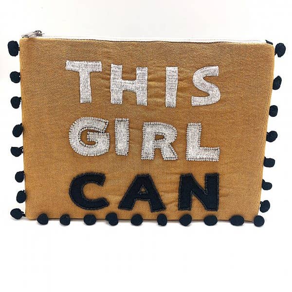Pochette zippée This Girl Can Neutral avec pompons pour la vente par Pizzazz, Inc.