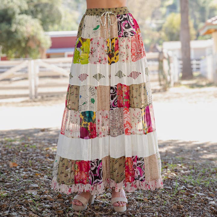 Young Threads - Wholesale Skirt - Women's - Artisan Boho Mixed Print Tiered Patchwork Maxi Skirt (NEW)10