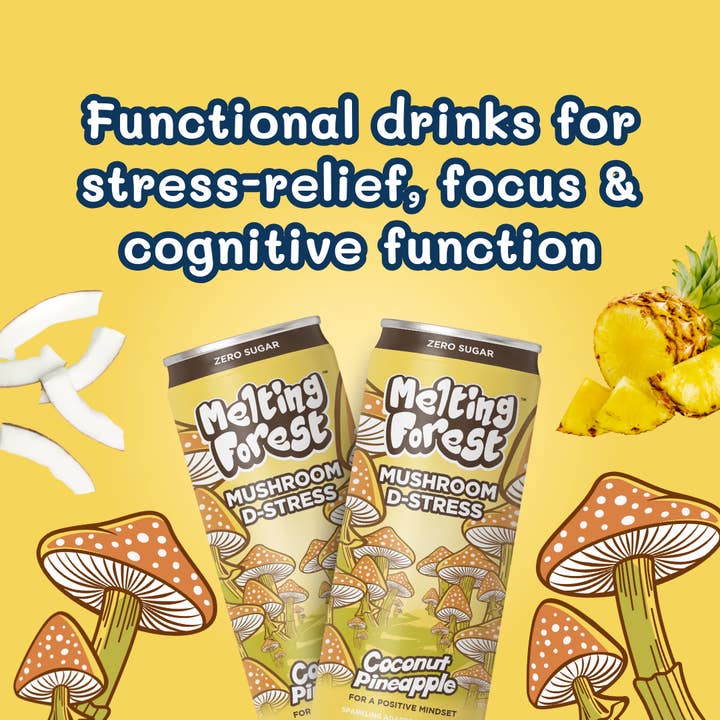 Melting Forest - Wholesale Sparkling Water - Mushroom Drink | Stress Relief | Coconut Pineapple | 12-pk