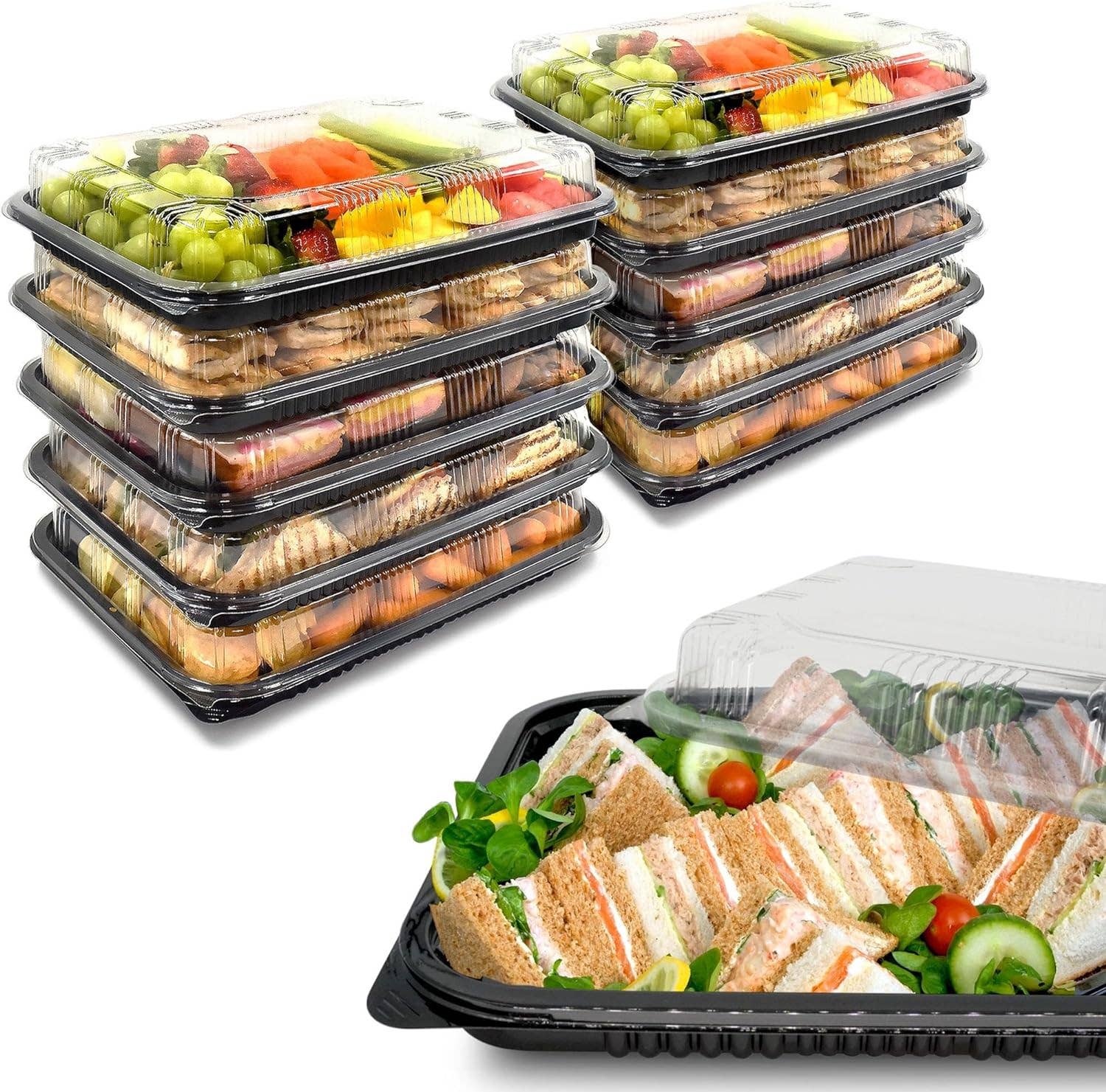 Jara Trading - Wholesale Platter - Sandwich Platter Trays with Lids -  Reusable Plastic Catering Trays with Lids - Platters for Party Food Tray for Snacks, Sandwiches, Cake, Treats, Sushi and Meal Prep0