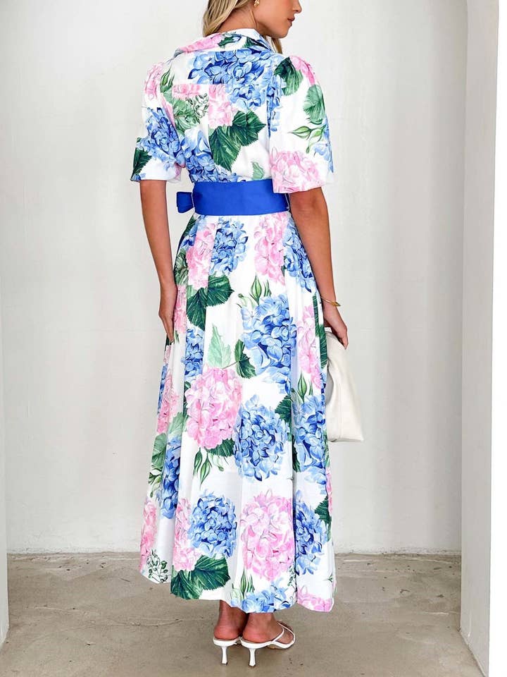 Blue Bohemia Floral Print Belted A-Line Maxi Dress for wholesale on Faire
