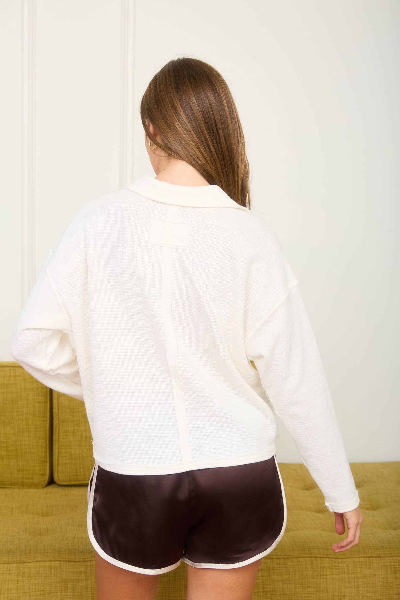 J.O.A - Wholesale Knit Top - Women's - EXPOSED SEAM LONG SLEEVE TEXTURED KNIT POLO30