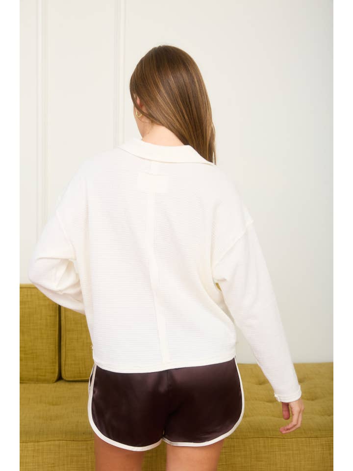 J.O.A - Wholesale Knit Top - Women's - EXPOSED SEAM LONG SLEEVE TEXTURED KNIT POLO30