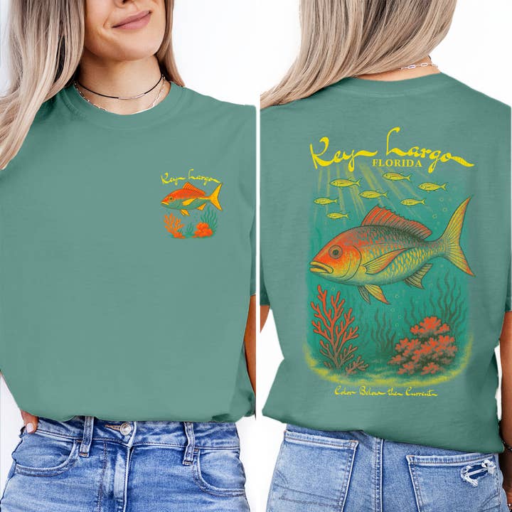 Textile Graphix - Wholesale Screen Printed T-Shirt - Women's - Vintage Key Largo Florida T-Shirt – Tropical Reef Fish & Coral Graphic, Underwater Ocean Wildlife Souvenir Tee1