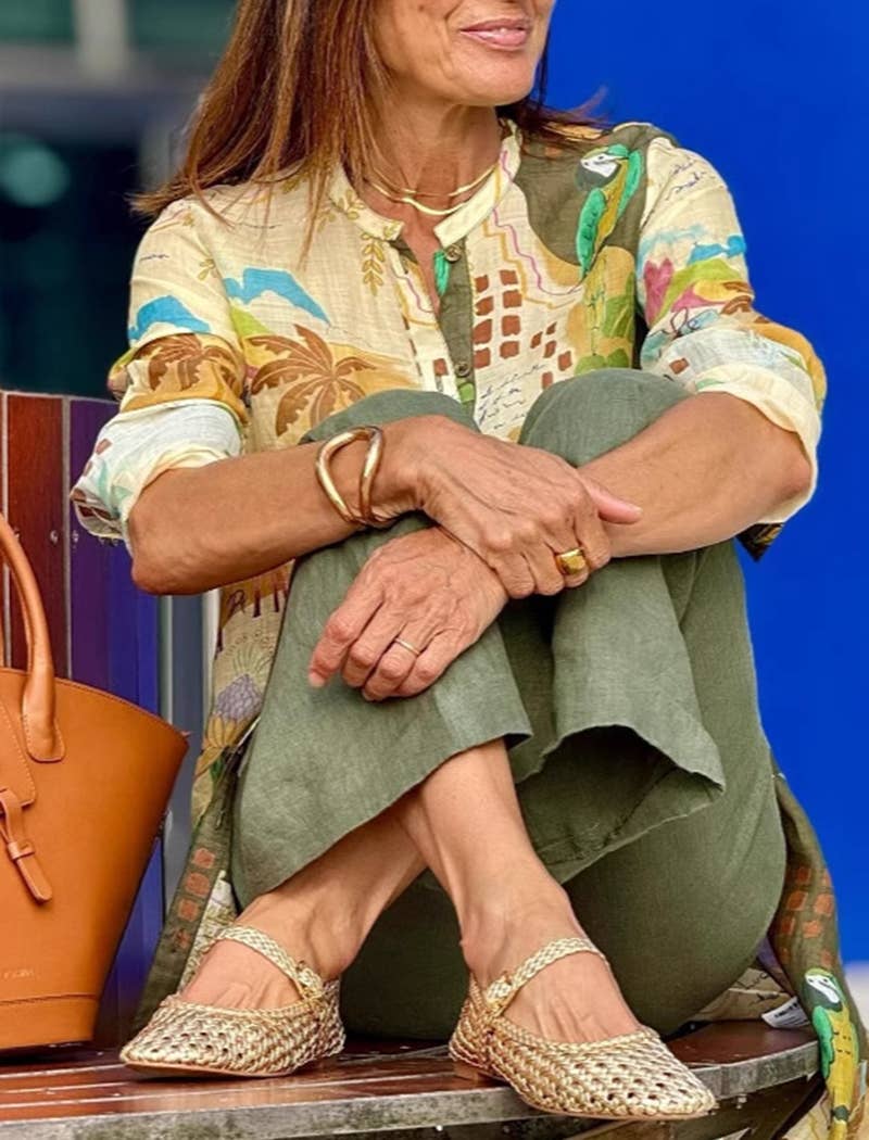 FLOWERY Leaf Print Longline Top with Flared Pants for wholesale on Faire1