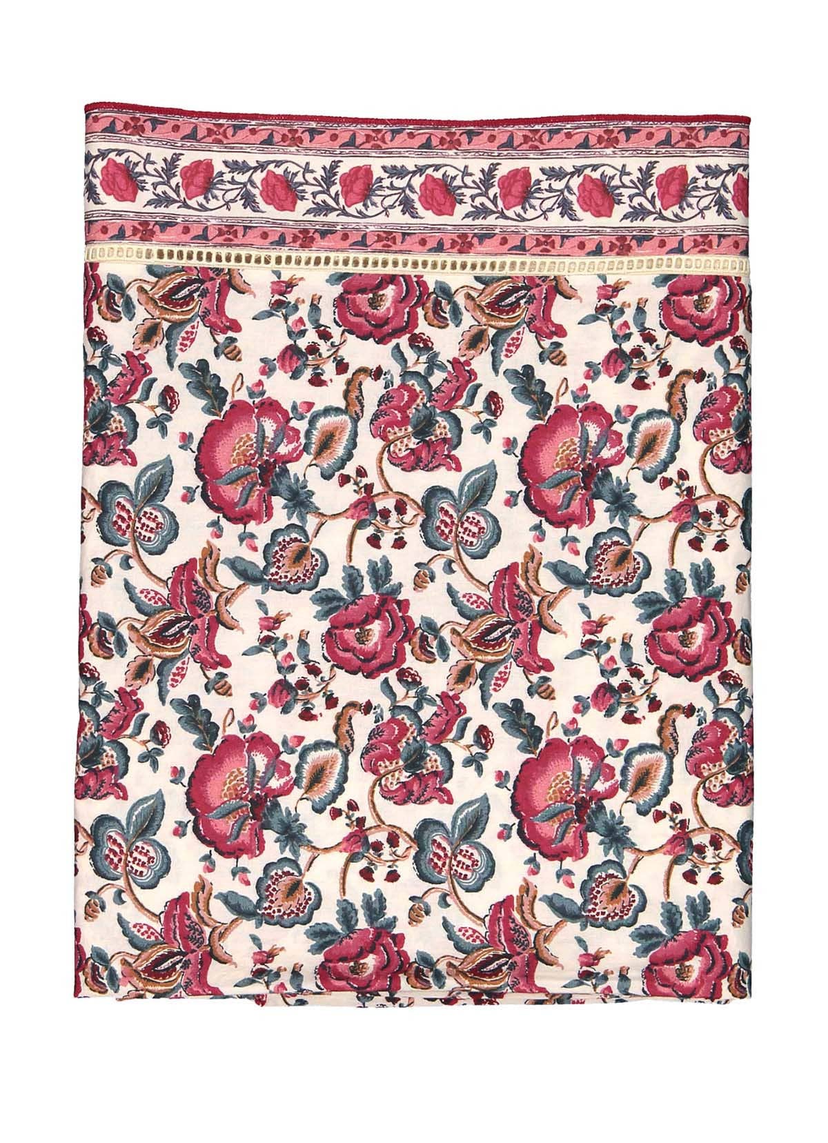 Fløde indiske blomster Carla dug med blomster i hvid, pink og grøn for engroshandel på Faire7