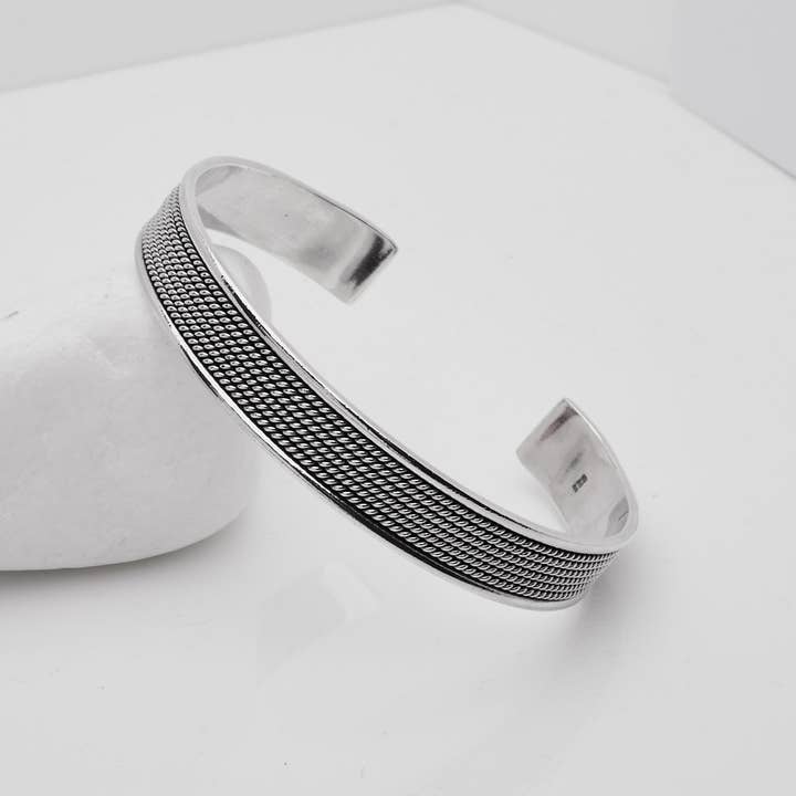 Mænds 925 sterlingsølv flettet åben manchet armbånd for engroshandel hos VN Jewellery