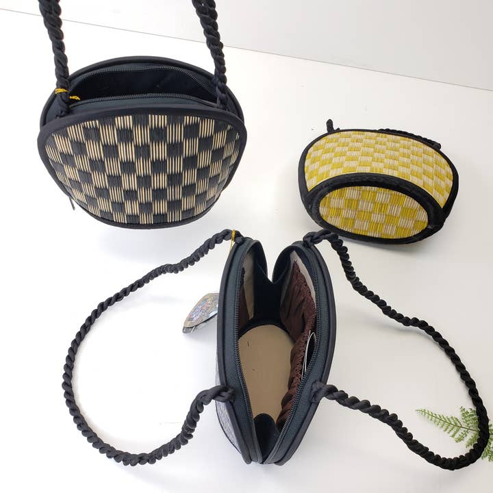 Clamshell Shape Purse w/ Braided Handle & YKK Zipper for wholesale by Baskets of Cambodia