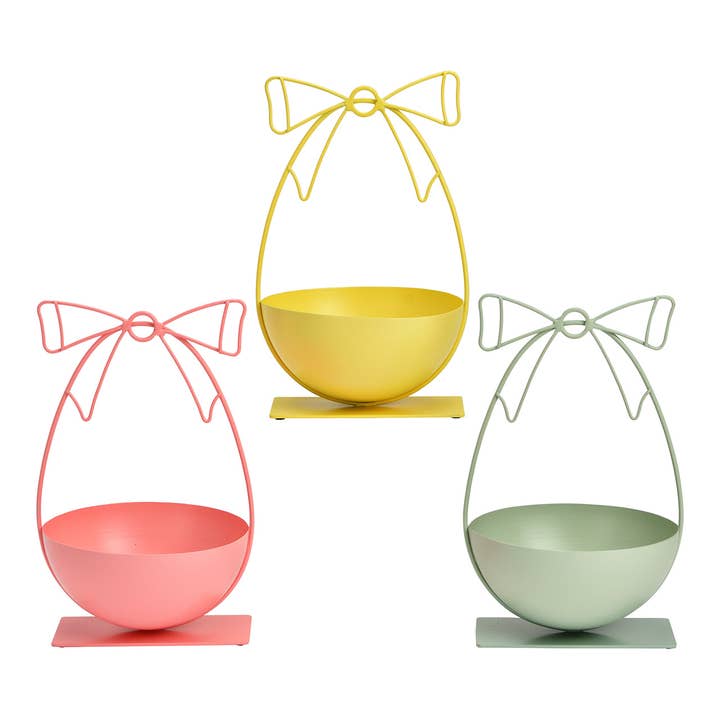 Coupe décorative œuf avec nœud/anse en métal, 3 fois, Jaune/Rose/Vert (L/H/P) 13x20x12cm pour la vente par Wurm