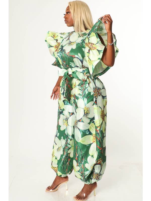 BJ's Closets - Wholesale Top & Pant Set (NOT Loungewear) - Women's - MULTI FLORAL RUFFLE SHOULDER CROP TOP OVERSIZE JOGGER SET