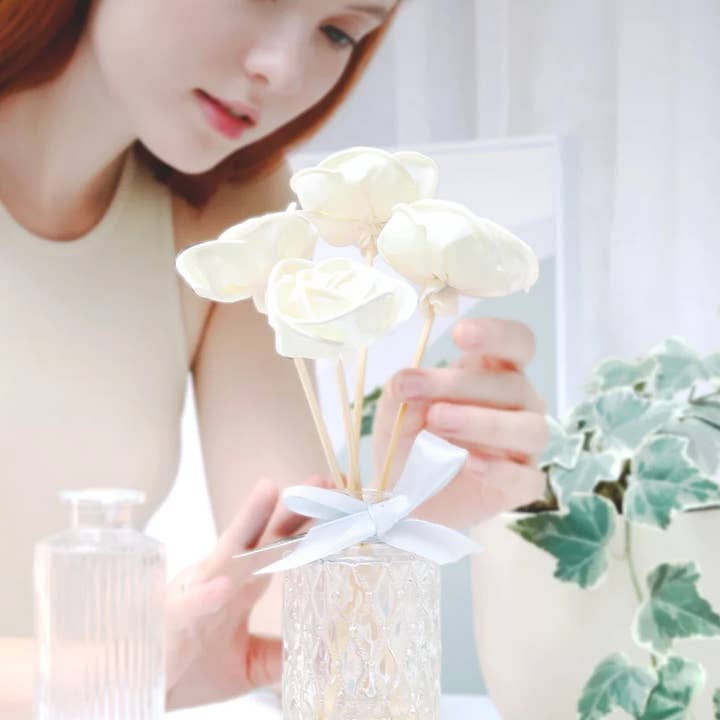 Bloom & Bowery - Wholesale Reed Diffuser - 5 Sola Wood Rose Flowers on Diffuser Reed Stem5