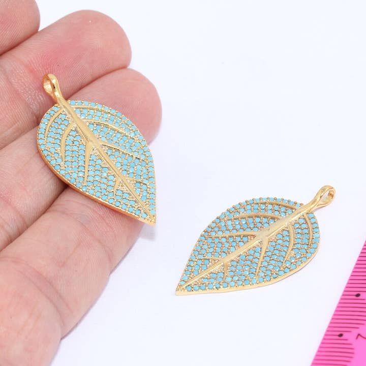 20x38mm 24k Shiny Gold CZ Micro Pave Leaf Pendant, ZRCN213 for wholesale by QueenJewelryM