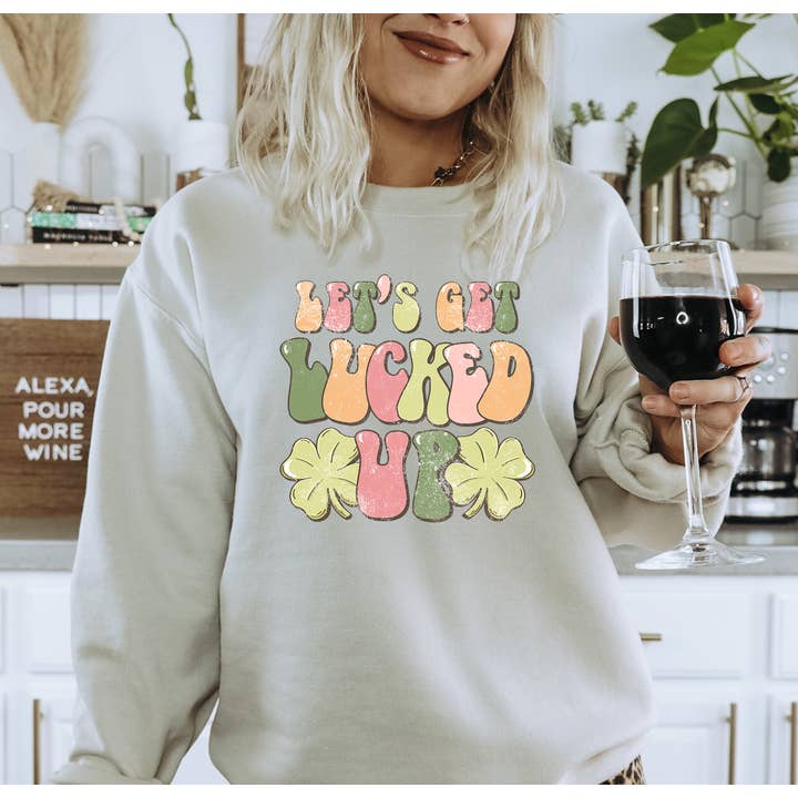 Let’s Get Lucked Up St. Patrick’s Day Sweatshirt - Sand for wholesale by Penguins and Pineapples