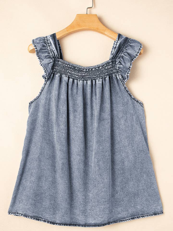 Blue Ruffled Shirred Neckline Sleeveless Denim Tank Top for wholesale on Faire