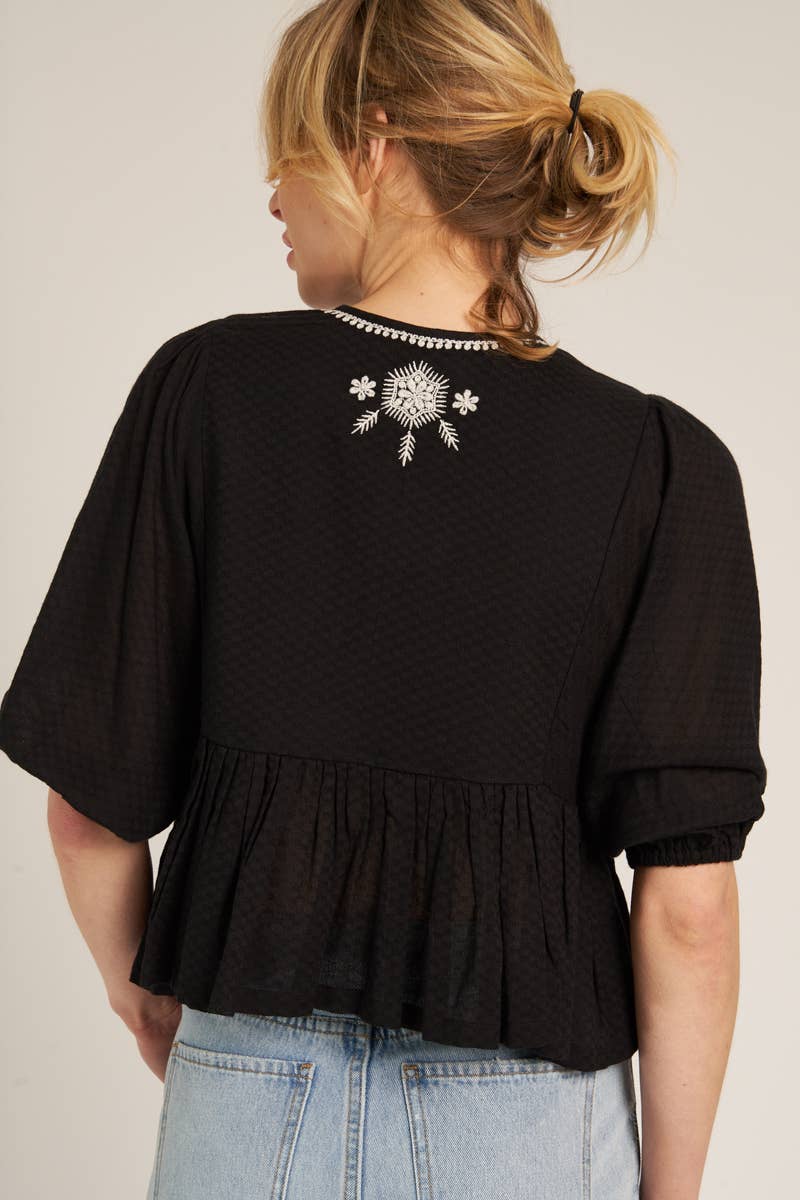 En Crème - Wholesale Blouse - Women's - Puff Sleeve Peplum Top with Embroidery Detail3