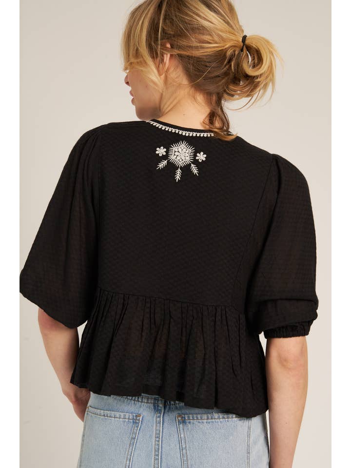 En Crème - Wholesale Blouse - Women's - Puff Sleeve Peplum Top with Embroidery Detail3