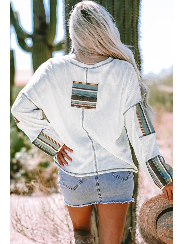 As shown Striped Contrast Stitching Waffle Knit Top | S-XL for wholesale on Faire