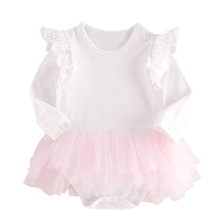 Fennco Styles - Wholesale Bodysuit (Non-Footed) - Baby - White Ruffle Long Sleeve Cotton Tutu Skirt Romper