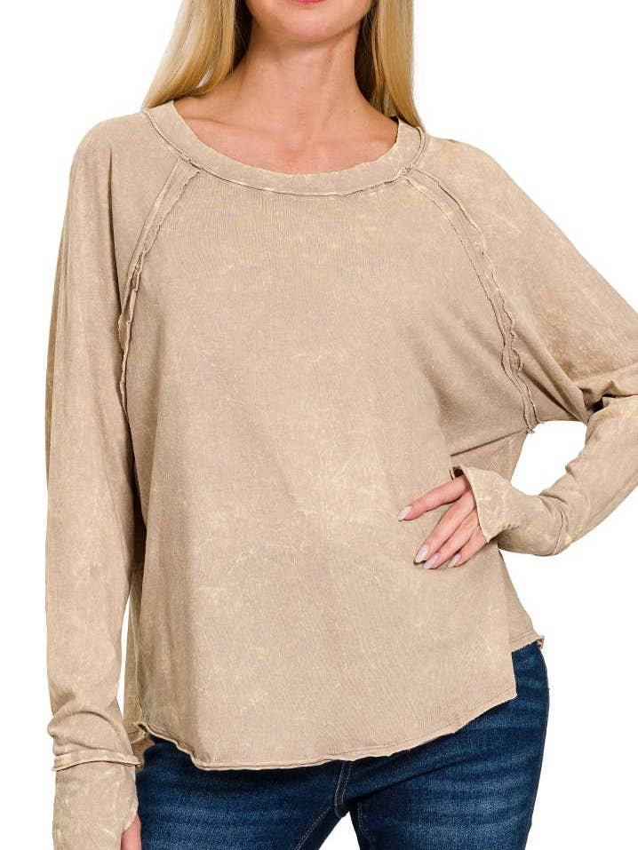 Washed Thumb Hole Cuffs Scoop-neck Long Sleeve Top for wholesale by Vanilla Monkey