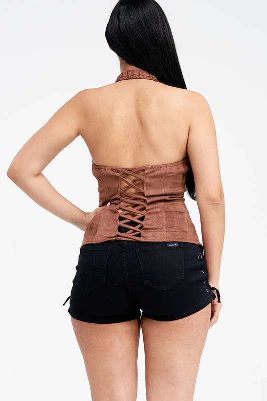 Lydia USA - Wholesale Blouse - Women's - Lace Up Collar Halter Suede Top12