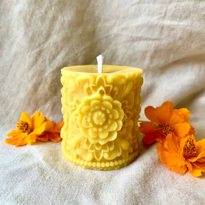 Buzz In The Hills - Wholesale Pillar Candle - Flower Mandala, 100% Beeswax Candle, Pillar