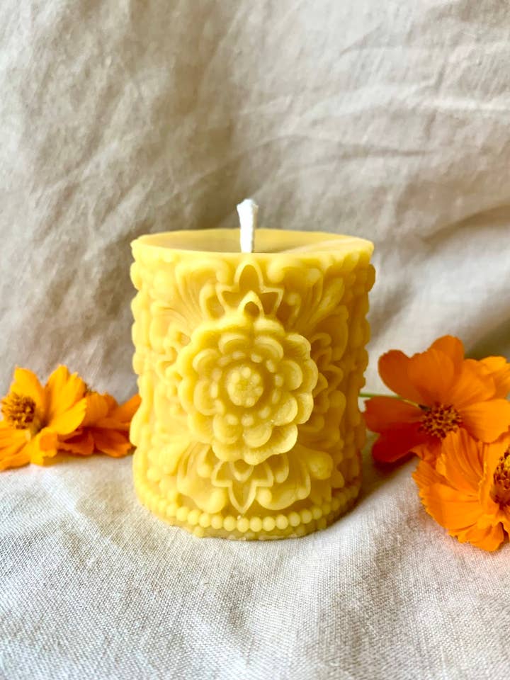 Flower Mandala, 100% Beeswax Candle, Pillar for wholesale by Buzz In The Hills