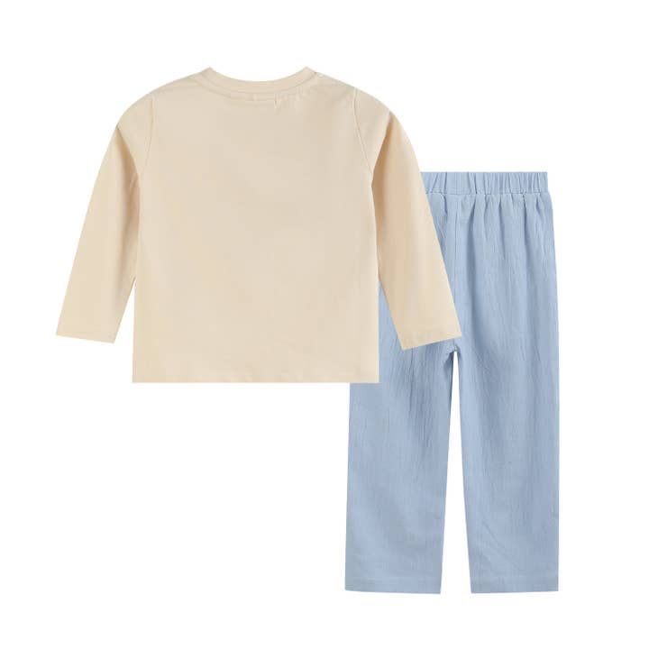Lil Cactus - Wholesale Top & Pant Set - Kids - Light Brown Nativity Smocked Shirt and Blue Pants