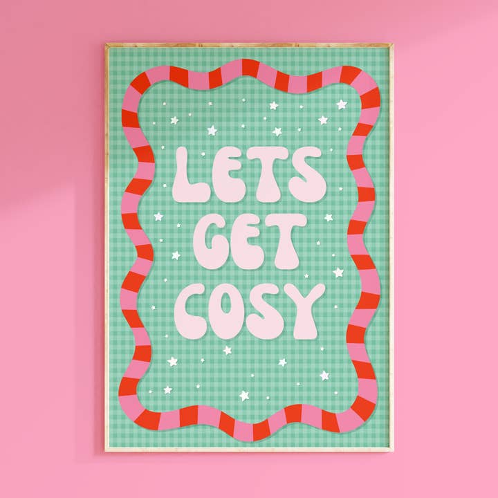 Lets Get Cosy Print | Colourful Christmas Wall Art for wholesale by The Happy Badger