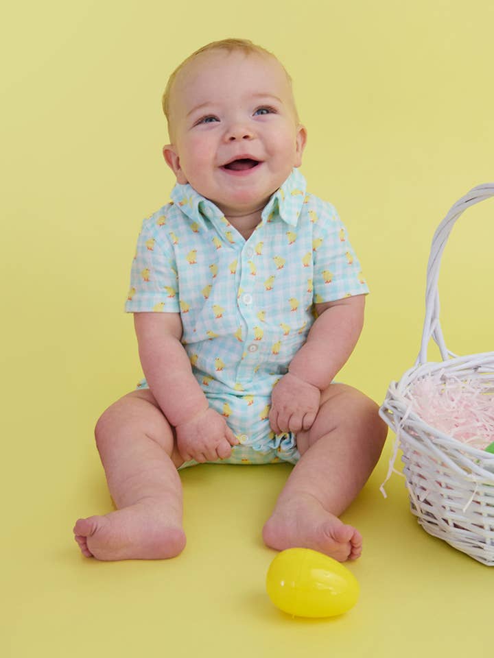Baby Boys Chirping Chicks Gingham Cotton Gauze Button-Up Romper
for wholesale by RuffleButts + RuggedButts