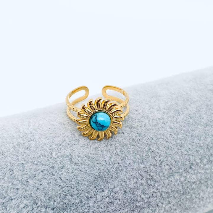 Mio Queena - Wholesale Cocktail/Statement Ring - Turquoise 18K Gold Plated Stainless Steel Rings -FGS/CS